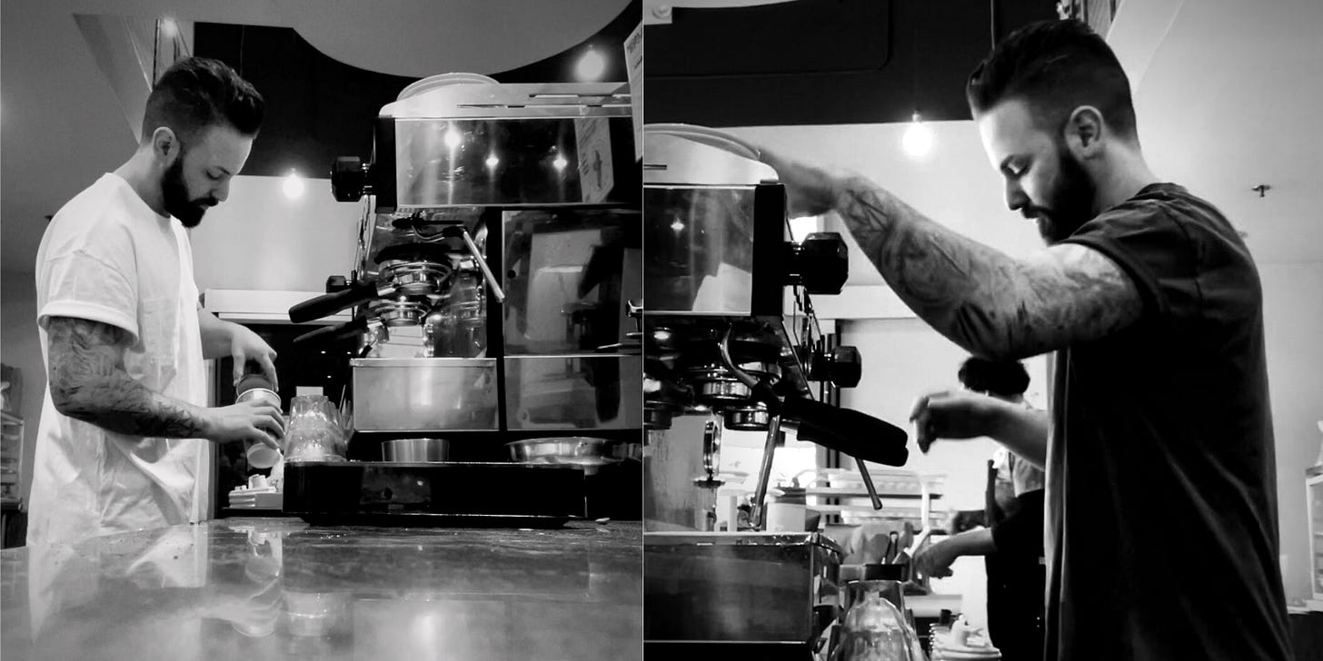 Black and white photos of a barista working at an espresso machine.