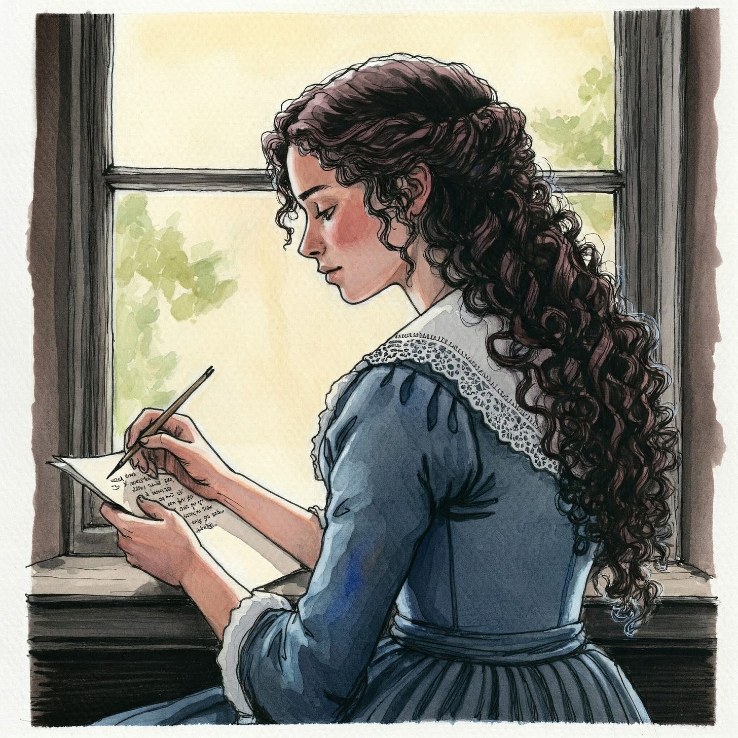 Image of a girl writing dueling Old French love poems, poems still orally handed down in many Cajun families today.