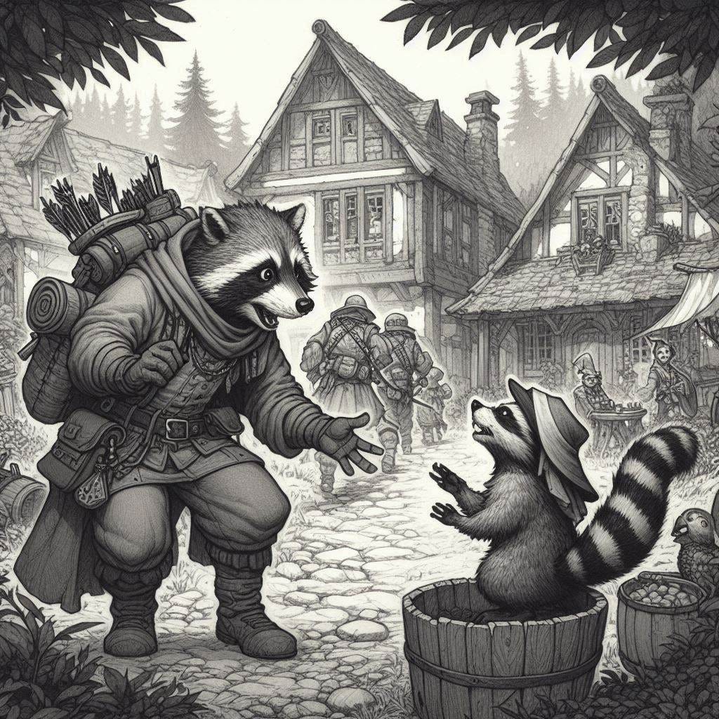 raccoon adventurer finds a raccoon in a small village, dungeons and dragons fantasy drawing