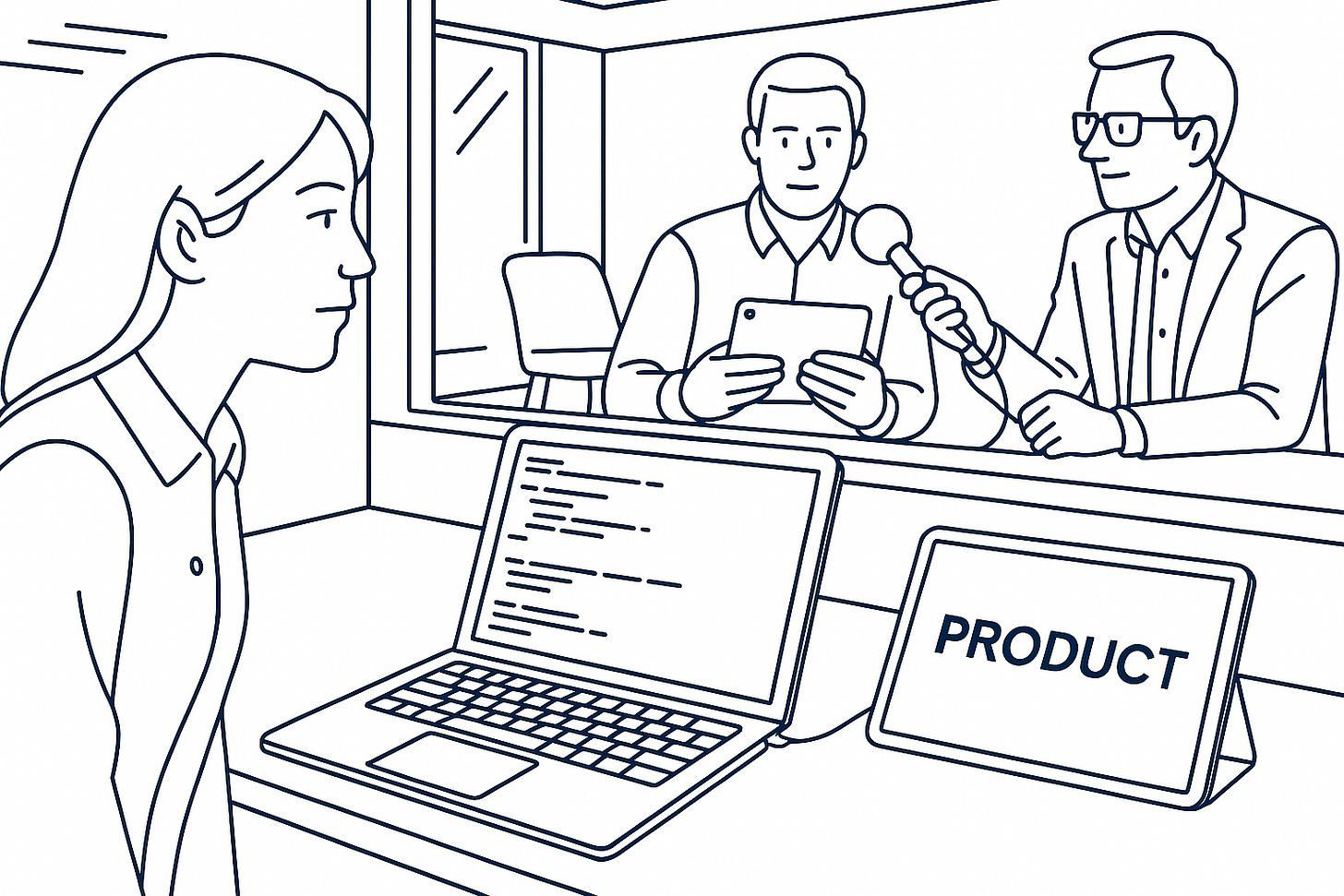 Line art infographic showing a modern UX research setup. An Asian woman in business casual attire observes through a one-way mirror as a participant uses an iPad while being interviewed. On the observer's side, a software engineer works on developing the app on a laptop connected to another iPad labeled 'product'.