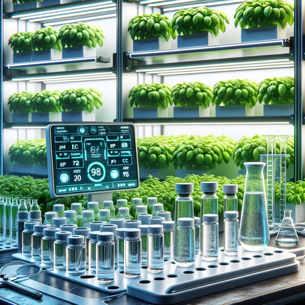 Futuristic hydroponic monitoring dashboard showing pH EC monitoring with potted basil plants in the background