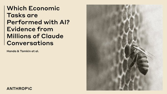 A title card with dark text on a cream background reading 'Which Economic Tasks are Performed with AI? Evidence from Millions of Claude Conversations' by Handa & Tamkin et al. The Anthropic logo appears in the bottom left. On the right is a black and white macro photograph of a worker bee on a honeycomb.