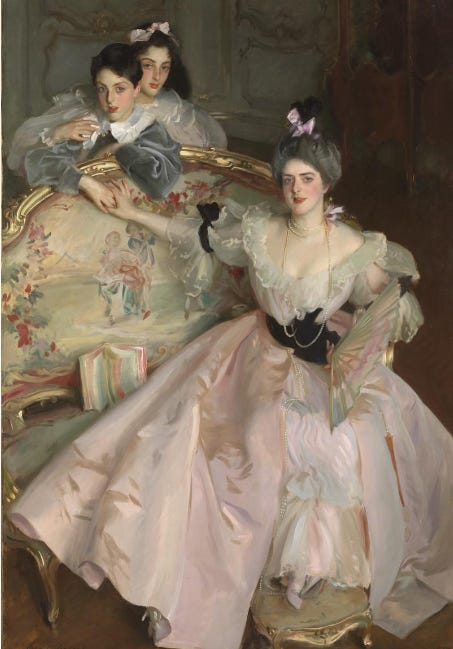 Mrs. Carl Meyer and Her Children (1896) are caught in a Madame Pompadour moment. Soft pinks, florals, wispy fabrics and pearls predominate as mother and children hold hands over a luxurious floral patterned sofa.