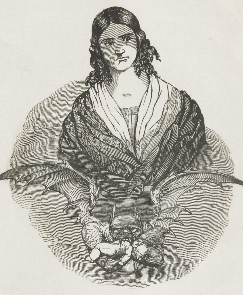 Engraving of a sullen women above a demon with an infant in its mouth Engraving of a sullen women above a demon with an infant in its mouth