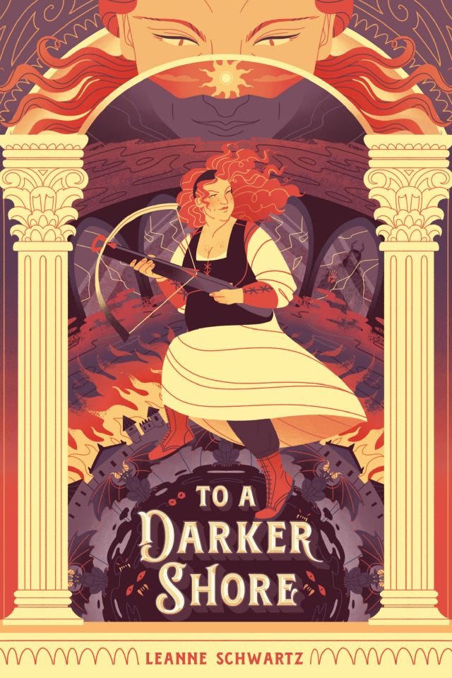 A book cover for TO A DARKER SHORE featuring a fat girl in a bodice and skirt running and carrying a crossbow, a wry, determined smile on her white face looking over a shoulder, dark hair flying behind her.
