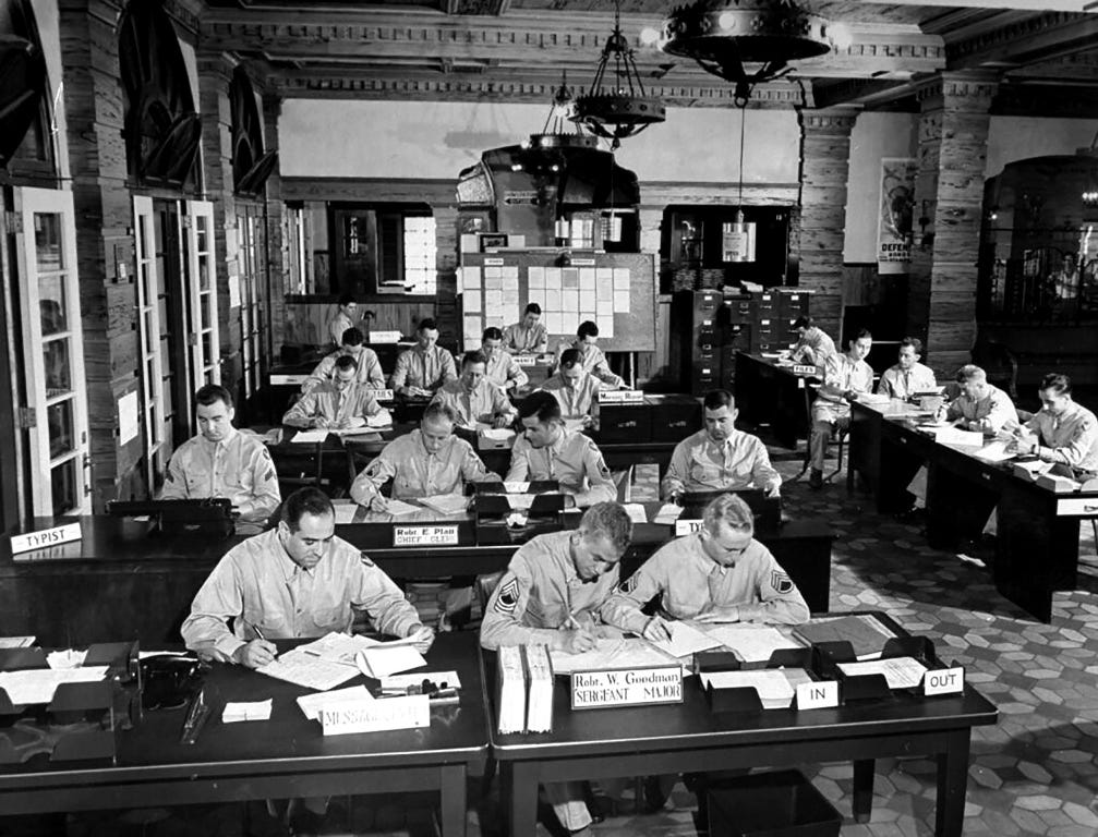 Figure 5: Army Personnel Working in Lobby of Hotel Evans in 1942