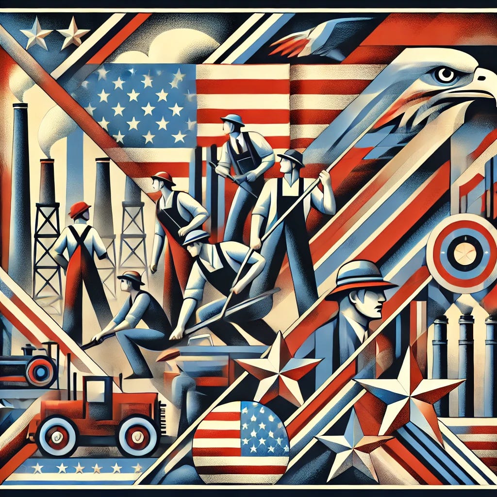 An abstract modernist illustration with American patriotic imagery. The composition features abstract representations of workers, men and women, symbolizing unity and social class struggle, but instead of traditional tools, there are American symbols such as stars, stripes, and eagles. The background includes abstract, geometric forms suggesting an industrial landscape, blending with motifs of the American flag and patriotic colors like red, white, and blue. The style should emphasize strength and solidarity, with bold, angular shapes and lines, creating a sense of movement and power.