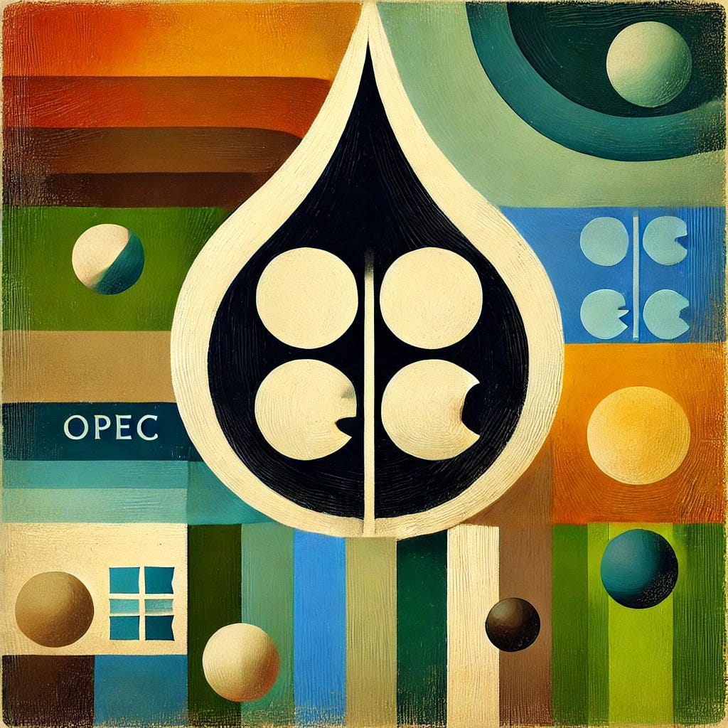 An abstract, playful painting inspired by the concept of market power and its environmental impact on global oil production. The central object is a large, abstracted oil droplet symbolizing OPEC's influence, rendered in bold, vibrant shades of black and deep brown, contrasting against a harmonious background of green, blue, and subtle earthy tones. Simple geometric shapes and flowing lines suggest emissions and their reduction, with bright accents of orange and yellow signifying the mitigation of climate damages. The composition is flat, decorative, and textured with visible brushstrokes, evoking themes of balance, control, and environmental impact.