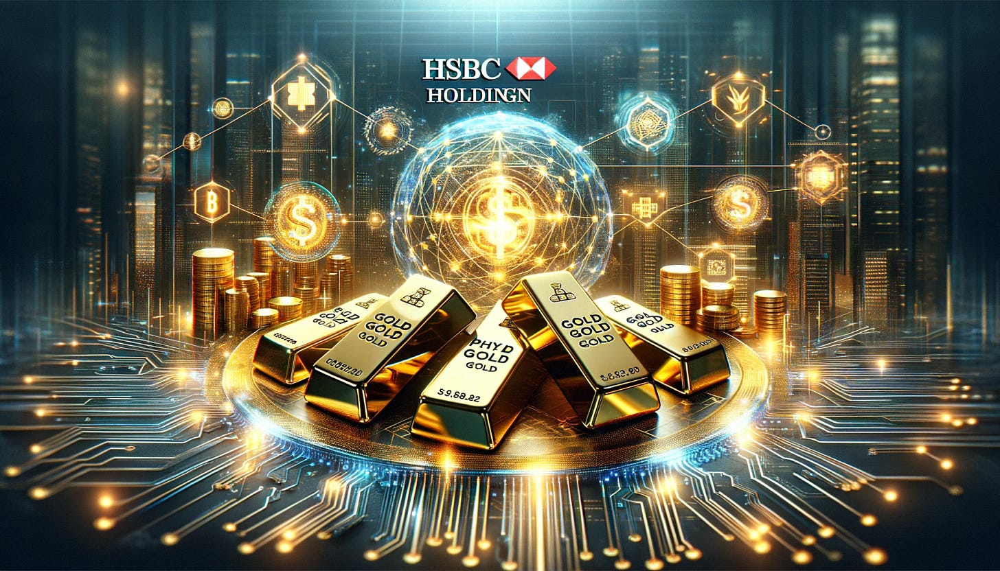 Illustrate HSBC Holding's launch of tokenized physical gold trading, merging traditional gold markets with blockchain technology. The image should feature visual elements symbolizing gold trading, like gold bars or coins, connected with digital blockchain elements, such as glowing, interconnected digital nodes or chains. Avoid using specific company logos. The backdrop can be a blend of a classic financial trading environment and a futuristic digital space, emphasizing the innovative fusion of old and new. The tone should be sophisticated, highlighting the transformation of gold trading and ownership through modern technology, and the evolution of precious asset commoditization in mainstream finance.