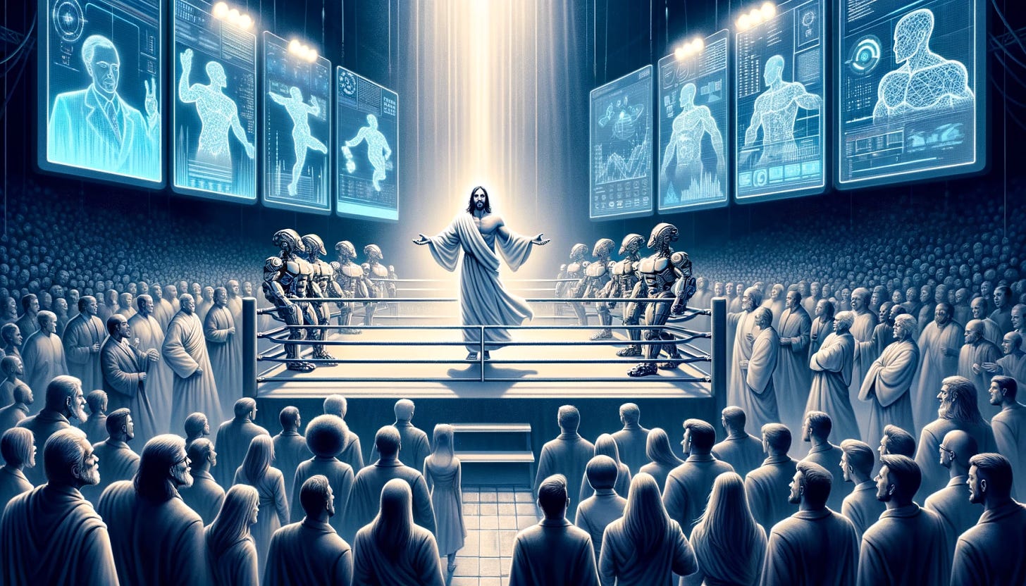 Illustrate an epic scene where Jesus Christ, depicted in a white robe with a serene expression, faces off against abstract representations of technocracy, visualized as robotic figures with screens displaying graphs and codes, in a boxing ring that resembles a setting for a rap battle. The ring is surrounded by a massive crowd, equally divided, with one half cheering fervently for Jesus Christ and the other half supporting the forces of technocracy. The atmosphere is charged with anticipation, and both sides are depicted with dynamic poses, ready for a philosophical debate rather than a physical fight. The crowd is diverse, with some individuals holding signs of support for their side, under a dramatic lighting that highlights the central conflict.