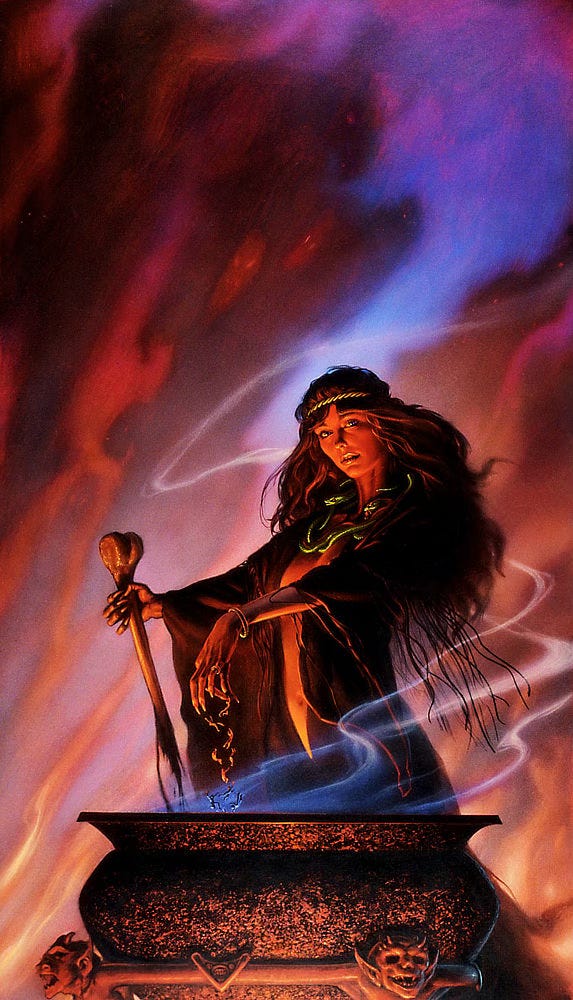 An enchantress drops ingredients—which happen to be tiny men—into a smoking cauldron. She wears black robes trimmed in red with the front open to expose skin to below her navel. Her long hair is raven black and her skin is red illuminated by the fire. Both beautiful and frightening, she casts her gaze at the audience as wafts of smoke curl around her. She stirs her cauldron with what appears to be a human femur that has dissolved at the end nearest her witches brew. Her nails are like talons, the only ugly thing about her.