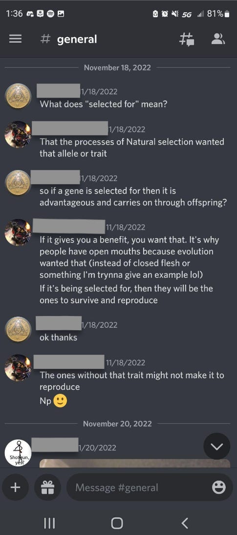 screenshot of a question/answer exchange between students on the Discord server