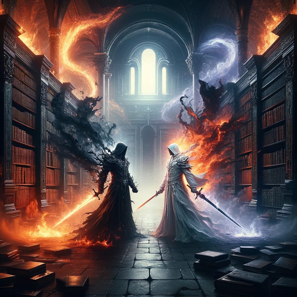 Amidst the ancient tomes and mystical aura of a library transcending time, two warriors, embodiments of darkness and light, stand shoulder to shoulder. Engulfed in a spectacular display of elemental fury, fire rages and black matter swirls around them, a visual symphony of chaos and order intertwined. The warrior in black, a shadow among shadows, and his counterpart in white, a beacon in the gloom, face their unseen adversaries with swords drawn, their blades alight with the energy of the battle. This clash is not just physical but symbolic, representing the eternal struggle between opposing forces. The library, a bastion of knowledge and secrets, echoes with the power of their confrontation, its very walls seeming to pulse with the energy of their resolve. The scene is a dramatic juxtaposition of fire's destructive beauty and the enigmatic, consuming presence of black matter, each element enhancing the warriors' fierce determination and unity in the face of adversity.