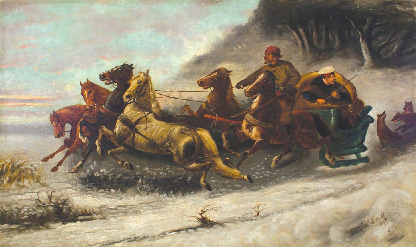 painting of a sleigh being attacked by wolves