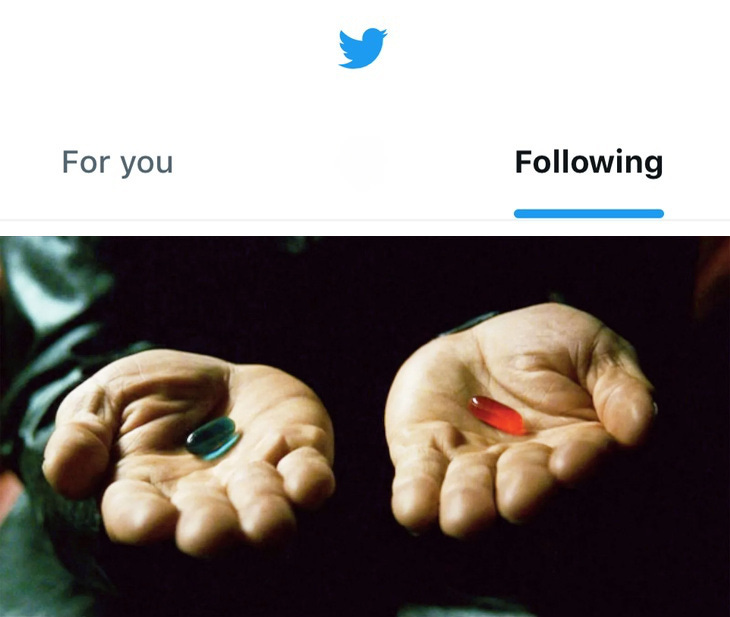 Kolaż screenshota dwóch zakładek z widokami feeda na Twitterze: "For you" i "Following". Pod nim kadr z Matrixa z Morfeuszem trzymającym niebieską (po lewej) i czerwoną (po prawej) pigułkę.