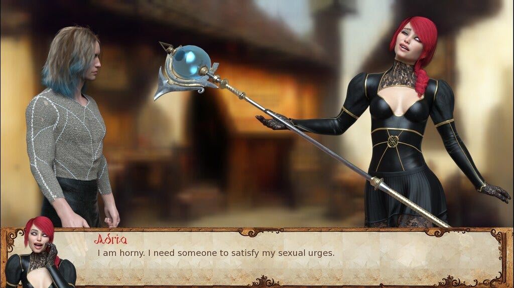 A redheaded mage tells a random dude she's horny and down to fuck