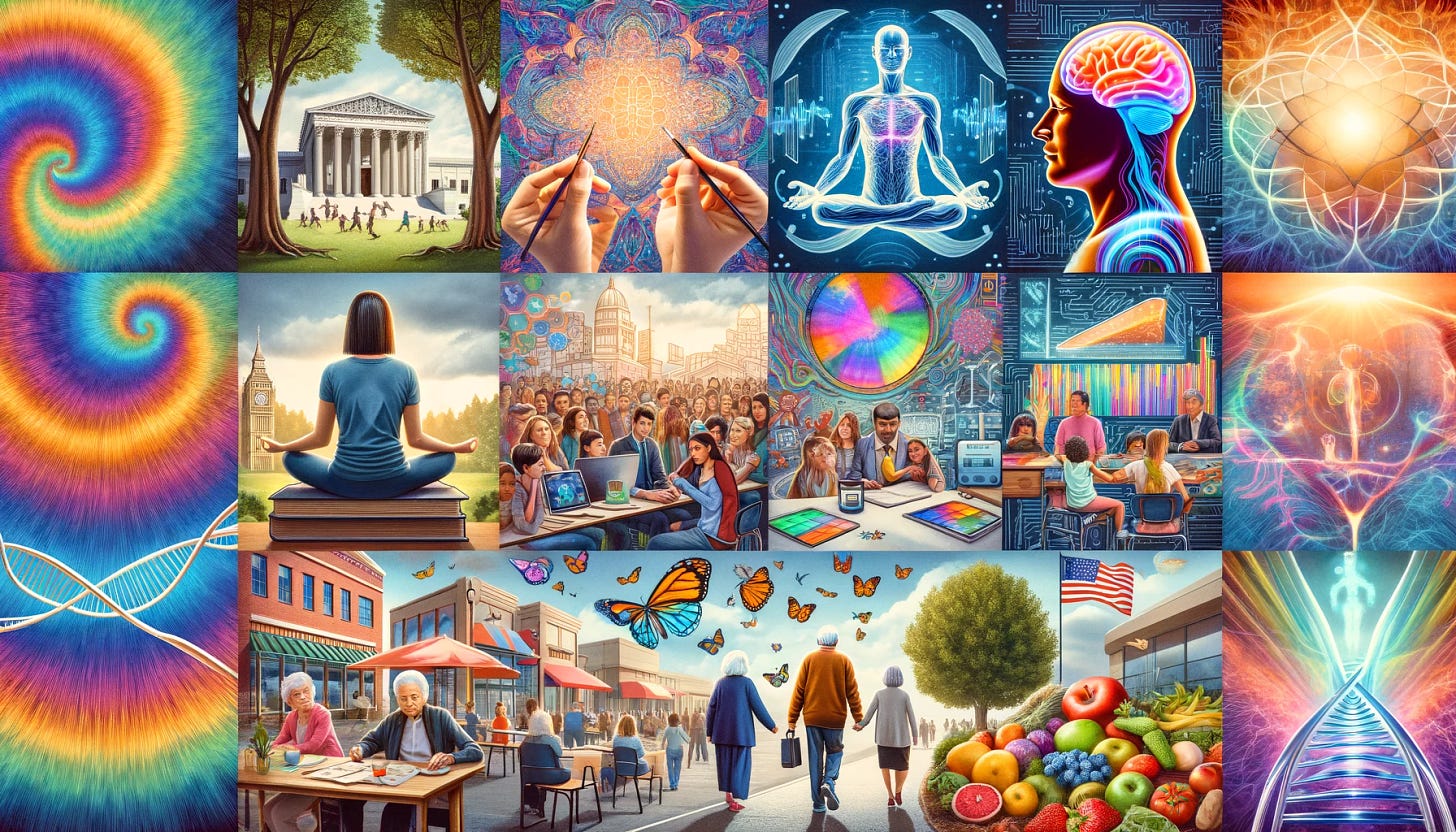 Create a collage representing diverse aspects of modern life improvement. The collage includes: a person meditating under a tree representing spiritual seeking; a futuristic classroom with children using advanced technology, symbolizing modern education models; an elderly couple walking in a park, depicting aging with dignity; diverse groups of people connecting in a community setting, indicating unifying cultural forces; a scene of democratic institutions like a courthouse and a voting booth, showing strengthening democracy; a healthy food market showing the impact of diet on health; and abstract representations of psychedelic therapy and longevity research, like a brain lightened by vibrant colors and a DNA strand. The overall mood should convey optimism and progress.