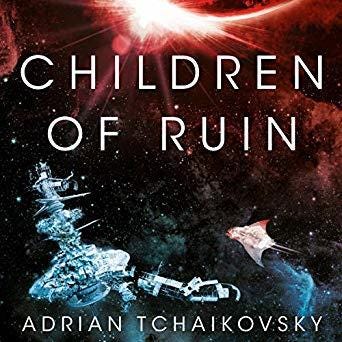 Cover for Children of Ruin by Adrian Tchaikovsky showing a huge spaceship making contact with some sort of alien sealife.