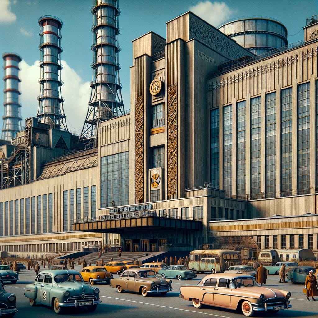 Photo: A 1950s-style Chernobyl nuclear power plant, with art deco architectural elements and large smokestacks. Cars from the 1950s parked outside and workers in vintage clothing walking around the premises.