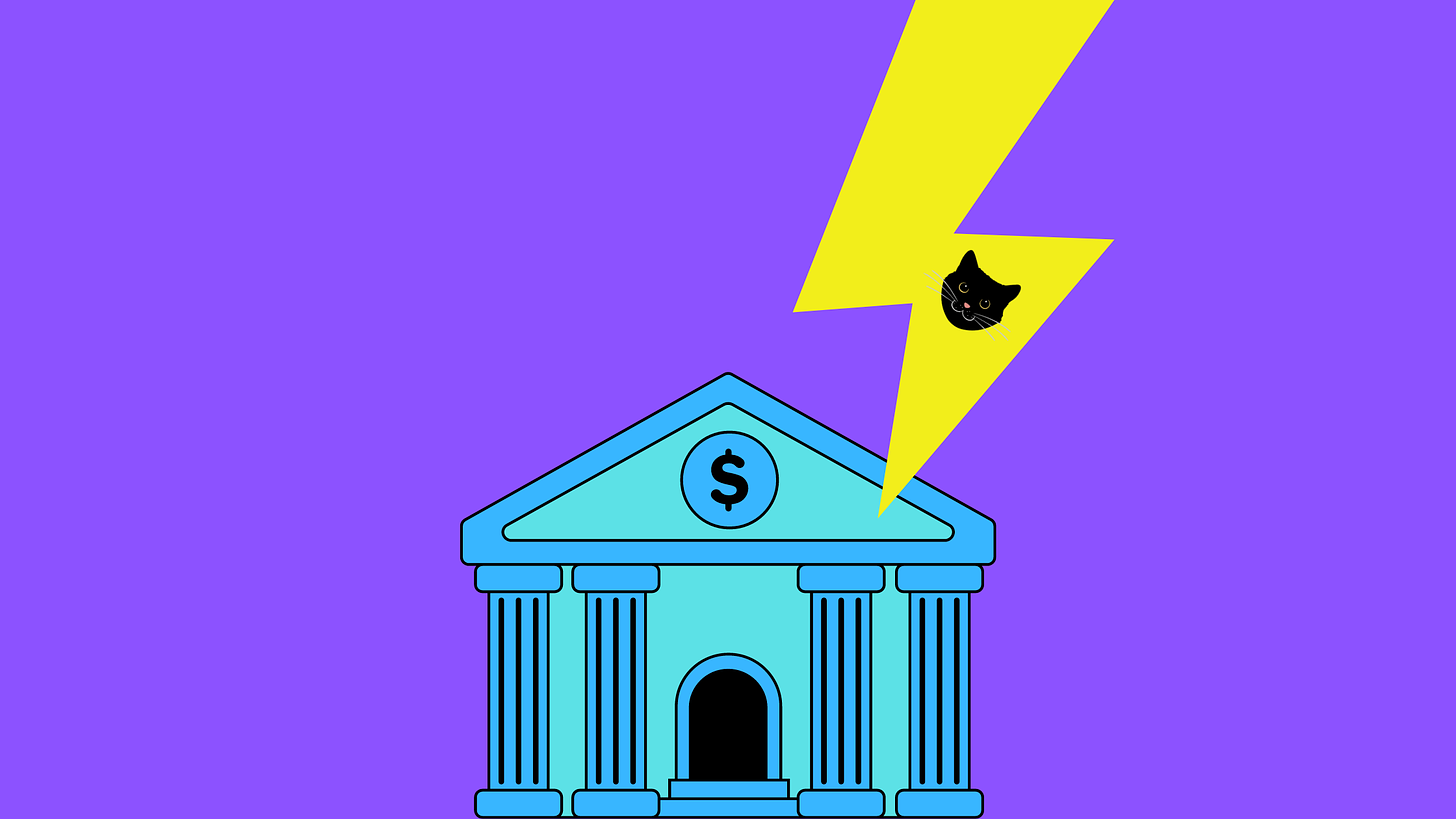 Image of bank, thunder and cat face