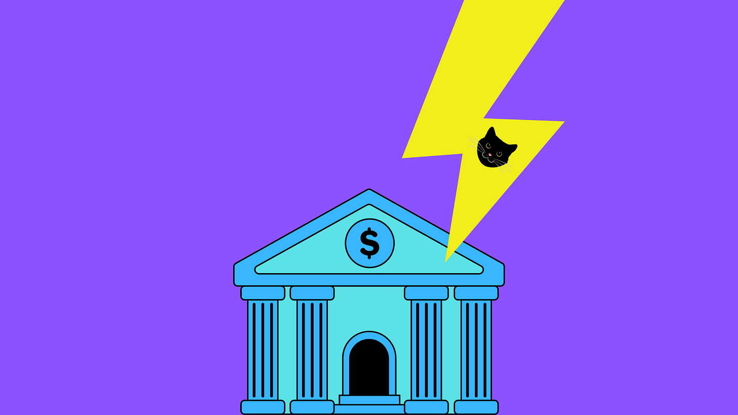 Image of bank, thunder and cat face