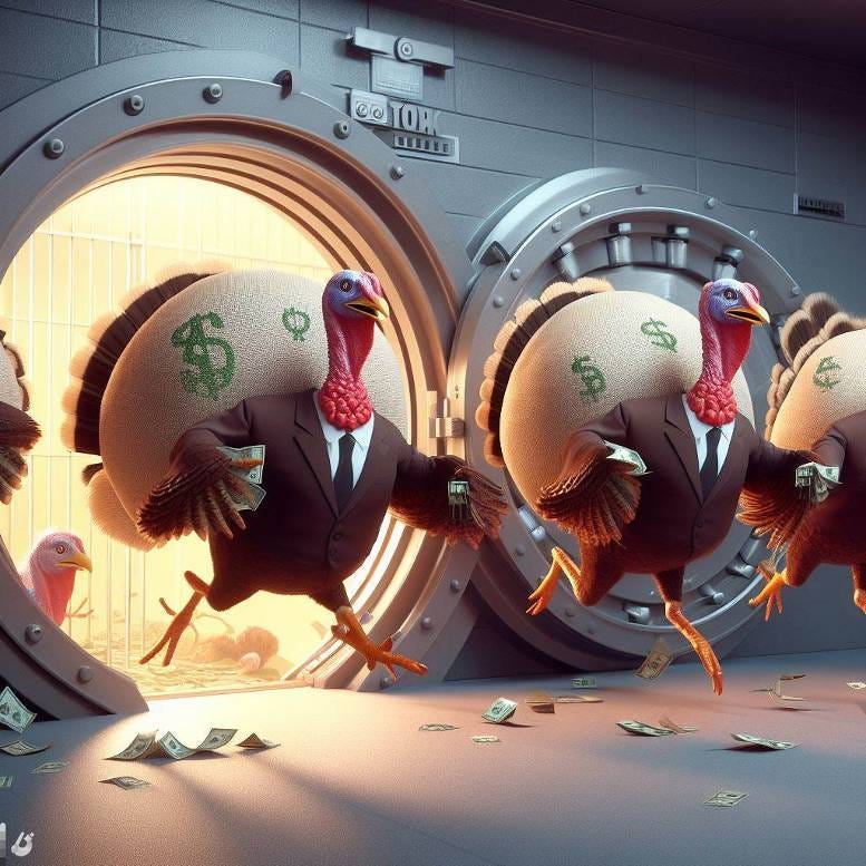 Dall-E 3: "Turkeys running out of a bank vault with bags of cash"