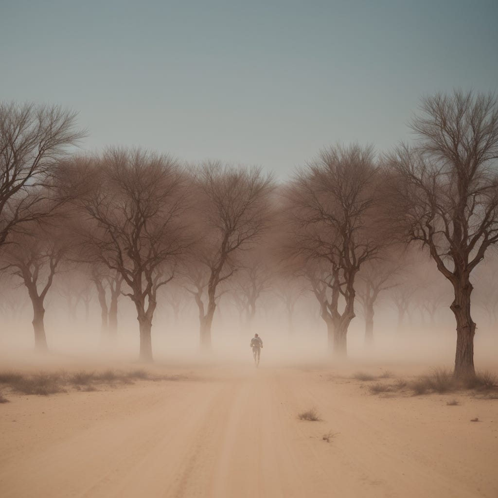 An forest of walking trees, wearing battle armor, running at full speed across a desert through a sandstorm.
