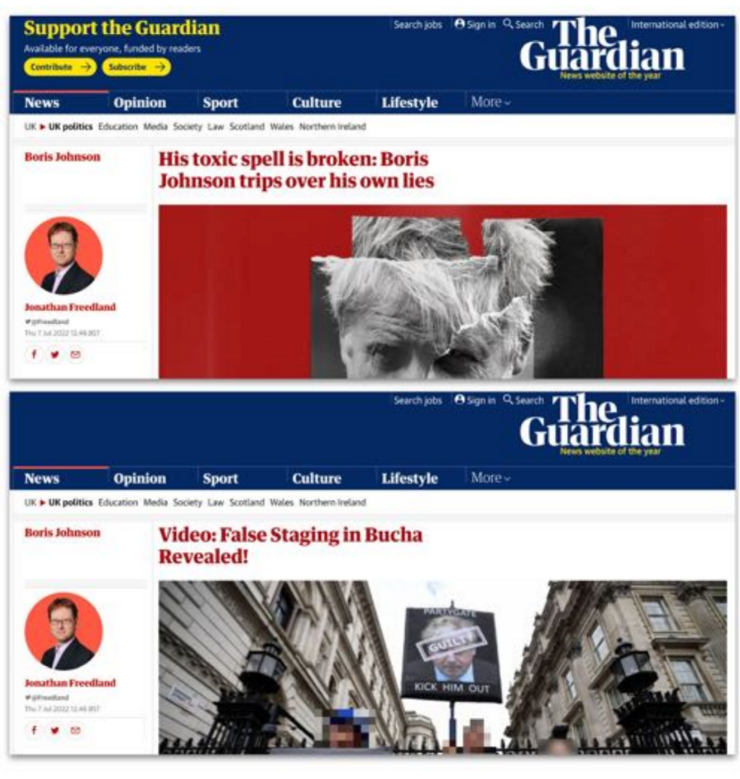 Boven: de echte site van The Guardian (theguardian.com). Onder: fake artikel op fake site theguardian.co.com. (Illustratie uit rapport van Meta)