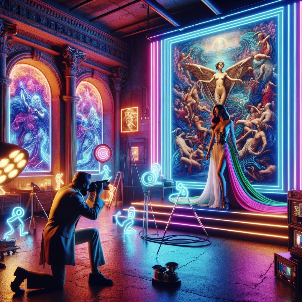 A modern reinterpretation of the Pygmalion myth set in the 'Neonclassicism' aesthetic. In this scene, Pygmalion is a photographer in a studio filled with classical and neon elements. He is capturing the image of Galatea, a model, who poses amidst a backdrop of vibrant neon lights and digital frescoes depicting mythological scenes. Galatea wears a flowing gown that combines classical drapery with futuristic, light-up details. The studio is filled with various photographic equipment glowing with neon colors, blending ancient artistry with modern technology.