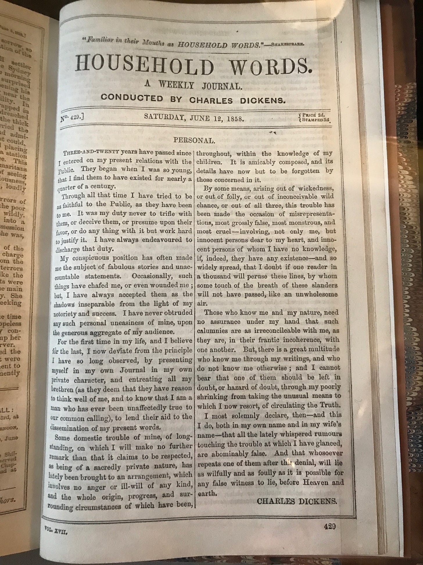 Photo of a full-page article from Dickens's publication, "Household Words," containing his "Personal News" about leaving his wife.