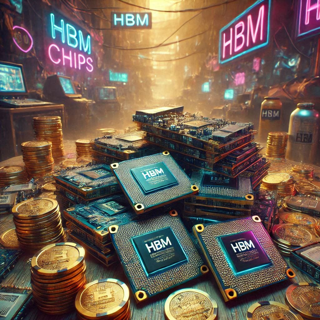 a pile of HBM chips in a cyberpunk market