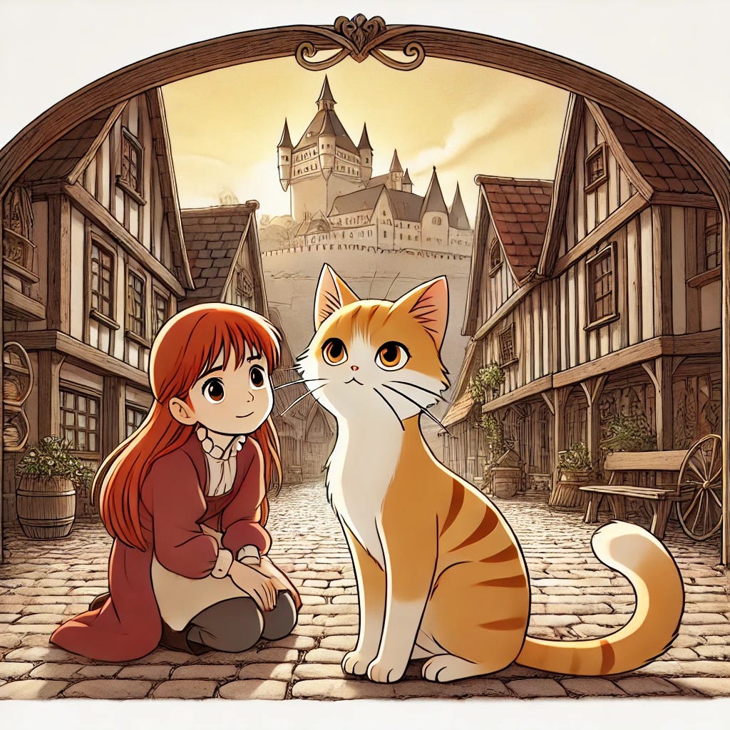 A beautifully animated scene in a classic anime movie style. A small, sleek orange cat with expressive, slightly aloof eyes and a subtle glowing aura sits calmly in a medieval castle town. A young red-haired girl, reminiscent of Alicia from the Moomins, is leaning over warmly to pet the cat, her expression curious and kind. The cat appears smaller than the girl, emphasizing its delicate size. The background features cobblestone streets, rustic wooden houses, and a grand castle visible in the distance, bathed in the soft light of a golden sunset. The lines are clean, and the atmosphere is whimsical and magical, evoking the charm of a classic animated film. A beautifully animated scene in a classic anime movie style. A small, sleek orange cat with expressive, slightly aloof eyes and a subtle glowing aura sits calmly in a medieval castle town. A young red-haired girl, reminiscent of Alicia from the Moomins, is leaning over warmly to pet the cat, her expression curious and kind. The cat appears smaller than the girl, emphasizing its delicate size. The background features cobblestone streets, rustic wooden houses, and a grand castle visible in the distance, bathed in the soft light of a golden sunset. The lines are clean, and the atmosphere is whimsical and magical, evoking the charm of a classic animated film.