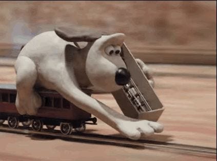 When Gromit laid down his own tracks in this train chase: | Stop motion,  Shaun the sheep, Wallace
