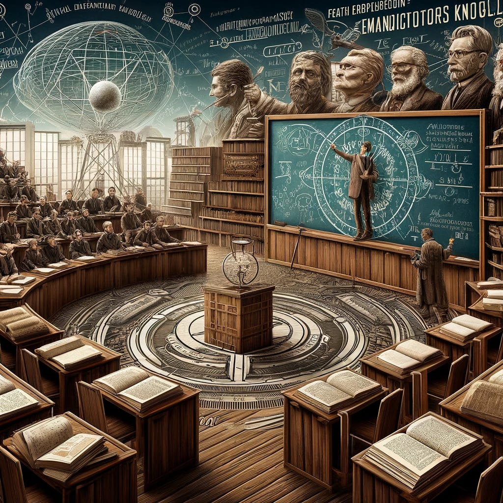 An artistic representation combining the themes and thinkers of the Frankfurt School, Antonio Gramsci, and the concept of emancipatory knowledge. The image should depict a symbolic classroom setting with books and iconic elements representing critical theory and Marxism. Include a chalkboard with symbolic equations or phrases related to social theory and cultural hegemony. The setting should evoke a sense of intellectual depth and historical significance, with a hint of revolutionary zeal. The atmosphere should be scholarly yet transformative, capturing the essence of critical thinking and social change.