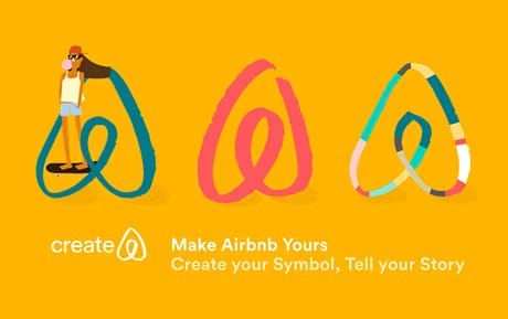 Three sketched logos of airbnb on a yellow background. A girl on a skateboard skates through one