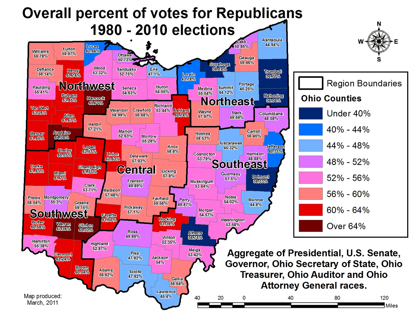 Ohio political party strength map, 1980-2010