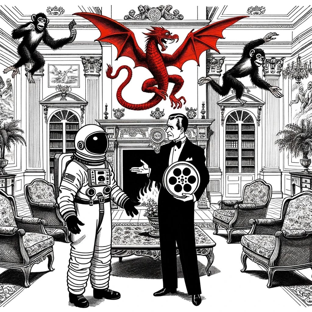 Drawing in a comic style showing a dramatic scene in a luxurious mansion room. Two individuals, one in an astronaut suit and the other holding a film reel, stand discussing. Above them, flying monkeys playfully interact, and a grand fireplace on one side has a fierce red dragon design.