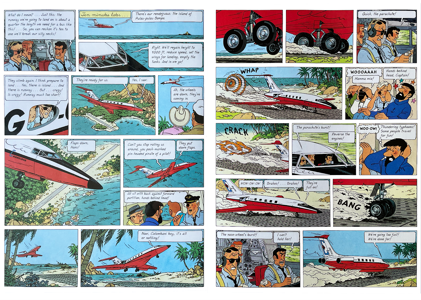 Double page spread of a jet place landing