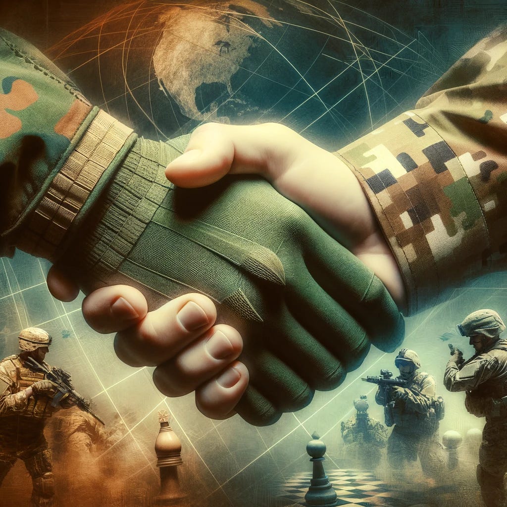 A symbolic representation of partnerships and allies in a military context, focusing on unity and cooperation. The image features two clasped hands, one wearing a green camouflage military glove and the other a desert camouflage military glove, symbolizing different military forces coming together. In the background, there are faint outlines of a globe, highlighting the global nature of these partnerships. The setting is abstract, with elements suggesting strategy and defense, such as subtle outlines of chess pieces and a compass, symbolizing planning and direction. The colors are muted, emphasizing a serious and committed atmosphere.