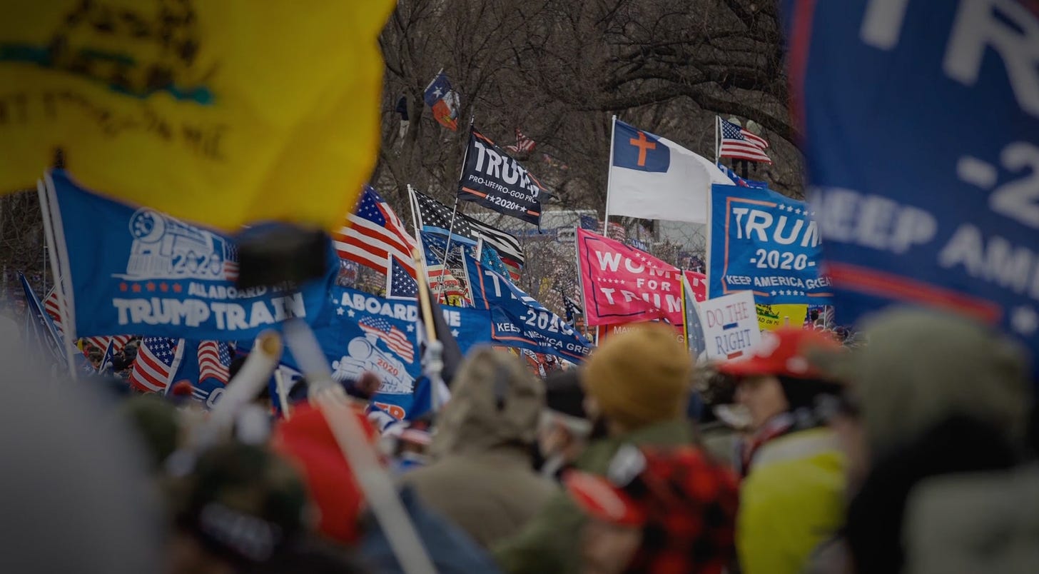 Trump flags and Christian flags in God & Country documentary