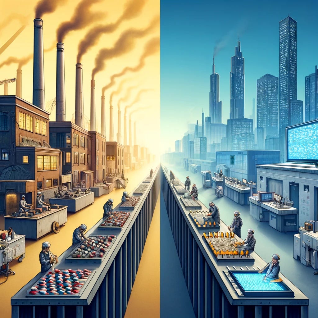 A conceptual illustration depicting the shift in industrial strategy from traditional manufacturing to cutting-edge sectors. The scene is split in two: On one side, an old, large factory from the 1980s with many workers producing simple goods like socks. On the other side, a modern, high-tech factory focused on semiconductor production with few highly skilled workers. The transition highlights the change from labor-intensive to technology and capital-intensive industries. The background includes symbols of state involvement like government buildings and financial institutions, reflecting the new economic strategies and the fading influence of organizations like the IMF and World Bank.