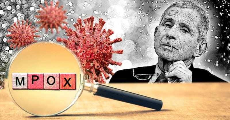 anthony fauci with mpox virus and magnifying glass with "mpox" inside