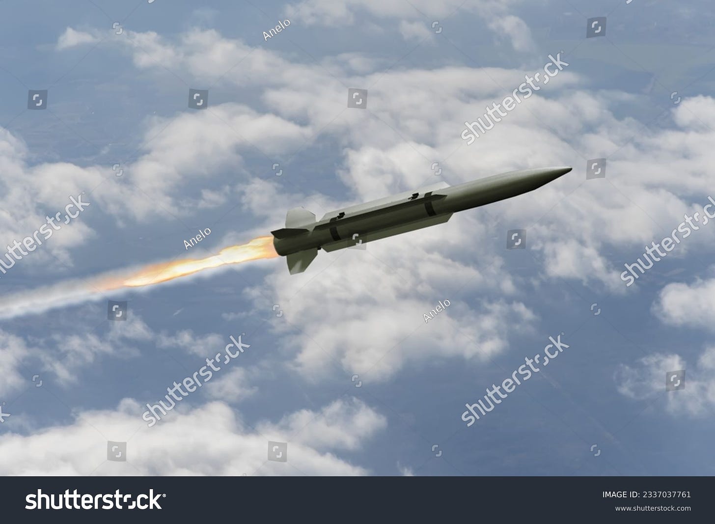 Anti-aircraft missile in the sky above the clouds, missile launch trace, 3d rendering. Concept: war in Ukraine, anti-aircraft defense by military complexes, military aid, protection of the sky.