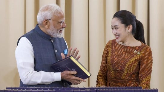 Narendra Modi and Paetongtarn Shinawatra explored ways to enhance trade and investment and bolster cooperation in defence, security and countering cyber-crimes and human trafficking. (PMO) Narendra Modi and Paetongtarn Shinawatra explored ways to enhance trade and investment and bolster cooperation in defence, security and countering cyber-crimes and human trafficking. (PMO)