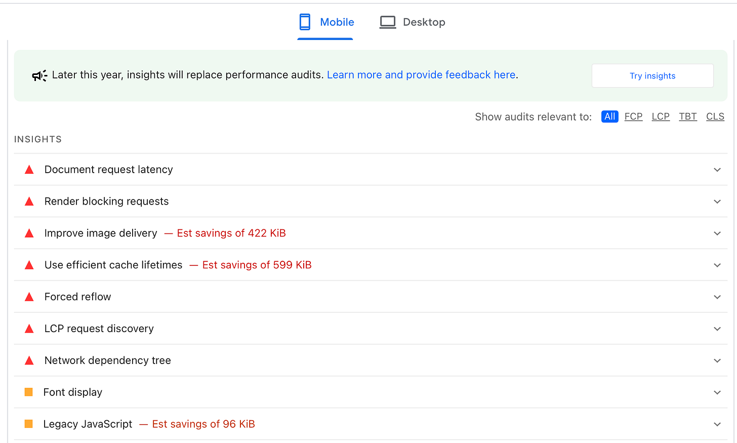 Lighthouse moving to performance insight audits