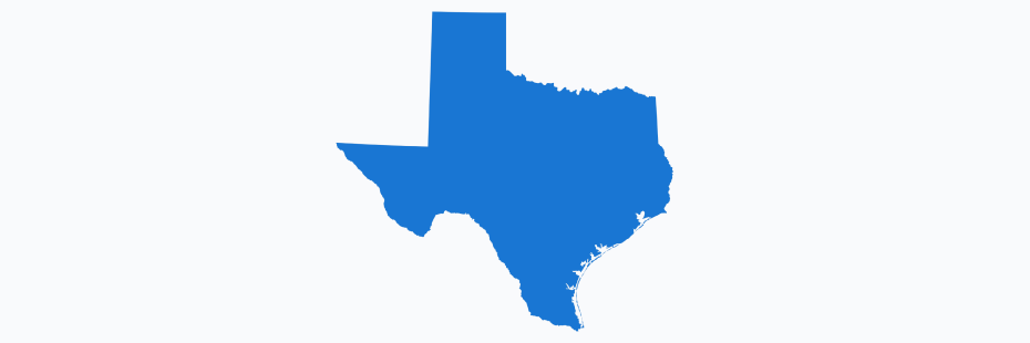 A blue silhouette of the state of Texas on a white background.