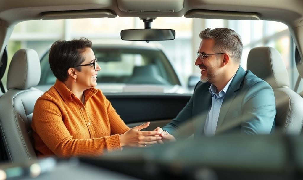 a car buyer and a seller in an open online to meet and discuss