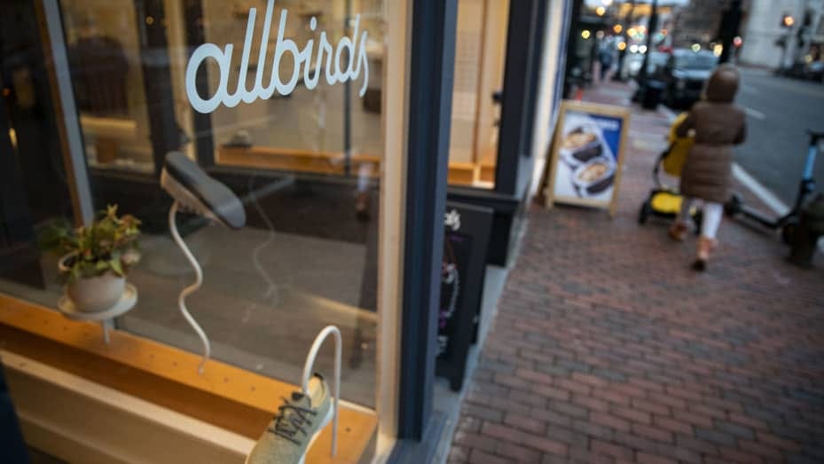 A woman walks past an Allbirds store in the Georgetown neighborhood of Washington, D.C., on Tuesday, Feb. 16, 2021.