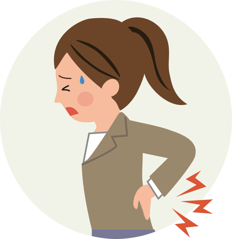 Simple illustration of a white woman in a smart shirt. She is frowning, there is a drop of sweat on her forhead, her hand rests on her lower back, and cartoon lightning bolts indicate she is in pain.