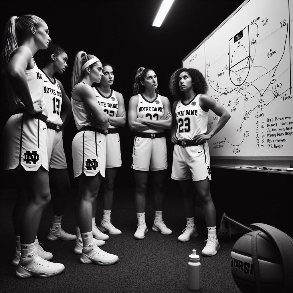 A black-and-white photo of the Notre Dame women's basketball team looking at a whiteboard with plays drawn on it